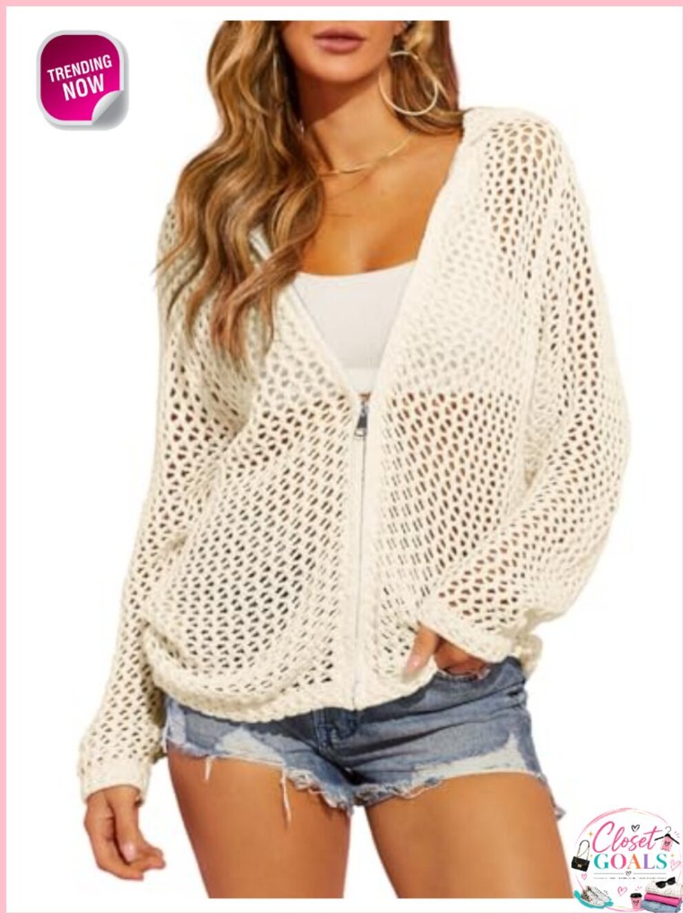 Crochet Knit Zip Up Hooded Cardigan Lightweight Mesh Sweater Coverup